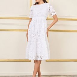 Styli White Self Design Schiffli Pure Cotton A-Line Midi Dress-picture-35