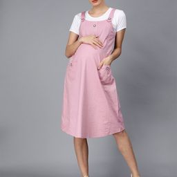 NIGHTSPREE Shoulder Straps Cotton Maternity Pinafore Dress With T-shirt-image-80
