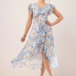 Antheaa Blue Floral Printed Puff Sleeves Gathered Ruffles Chiffon Fit & Flare Midi Dress-image-24