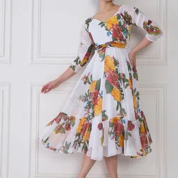 Antheaa White & Green Floral Printed V-Neck Chiffon Fit & Flare Midi Dress-image-5