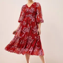 Antheaa Red Floral Printed Puff Sleeves Gathered Tiered Fit & Flare Midi Dress-image-17