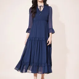 Justin Whyte Mandarin Collar Bell Sleeve Chiffon Fit & Flare Tiered Midi Dress-image-85