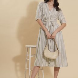 all about you Women Cotton Mandarin Collar Puff Sleeves Striped Fit & Flare Midi Dress-image-96