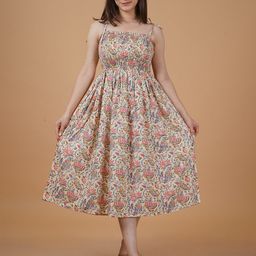 INDIANIC Floral Print Shoulder Straps Fit & Flare Midi Dress-image-57