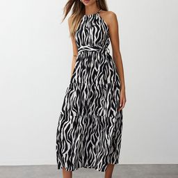 Trendyol Animal Printed Shoulder Straps Fit & Flare Midi Dress-image-79