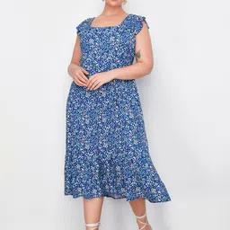 Trendyol Plus Size Floral Printed Flutter Sleeves Gathered Midi Fit & Flare Dress-3