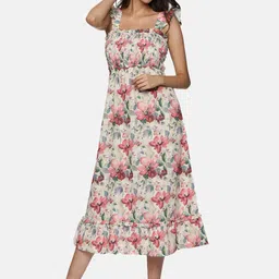 ISU Floral Printed Square Neck Flutter Sleeves Fit & Flare Midi Dress-image-8