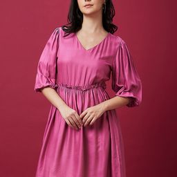 Globus Pink V-Neck Fit & Flare Dress-image-18
