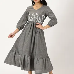 Saffron Threads Textured Midi Dress with Yoke Embroidery-image-53