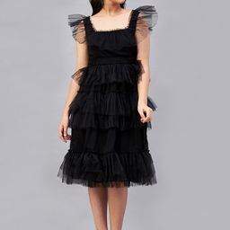 Antheaa Girls Black Flutter Sleeve Layered Fit & Flare Midi Dress-image-41