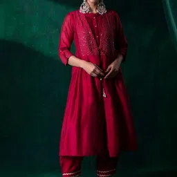 Juniper Chanderi Embroidered Jacket Fit and Flare Midi Dress-image-39