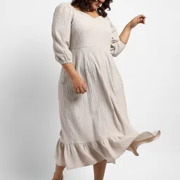 Instafab Plus Self Design Sweetheart Neck Puff Sleeves Ruffled Hem A-Line Midi Dress-image-54