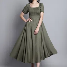 BAESD Square Neck Puff Sleeves Smocked Fit & Flare Midi Dress-image-60