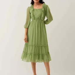 AASK Self Design Puff Sleeve Ruffles Fit & Flare Midi Dress-14