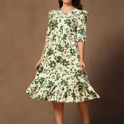 OMPAX Floral Printed Puff Sleeve Fit & Flare Midi Dress-image-6