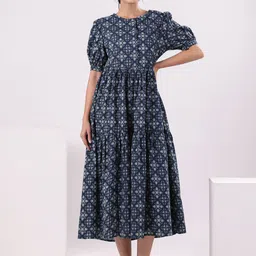 SANSKRUTIHOMES Ethnic Printed Puff Sleeve Cotton Fit & Flare Midi Ethnic Dress-image-97