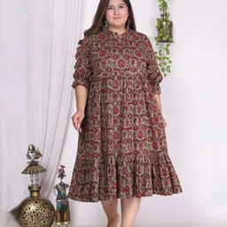 KALINI Plus Size Floral Print Puff Sleeve Pure Cotton Fit & Flare Midi Dress-picture-13