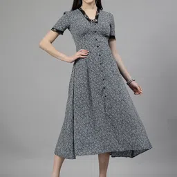 aayu Floral Print Crepe V-Neck Short Sleeves Fit & Flare Midi Casual Dress-image-62