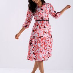 AASK Floral Printed Shirt Collar Gathered Tiered Crepe Fit & Flare Midi Dress With Belt-picture-40