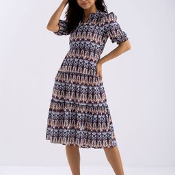 AASK Tribal Printed Crepe Mandarin Collar Fit & Flare Midi Dress-image-75