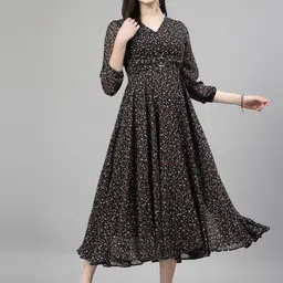 aayu Polka Dot Print Georgette V-Neck Fit & Flare Casual Midi Dress-image-80