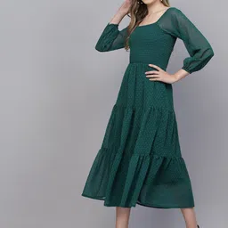 aayu Printed Square Neck Puff Sleeve Georgette Fit & Flare Midi Dress-image-57