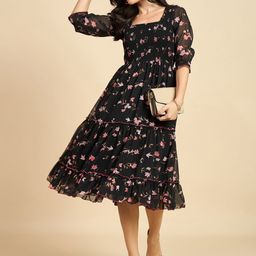 Azira Floral Print Puff Sleeve Georgette Fit & Flare Midi Dress-image-60
