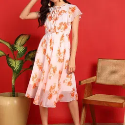 HIVA TRENDZ Floral Print Tie-up Neck Flared Sleeves Georgette Fit & Flare Midi Dress-picture-6