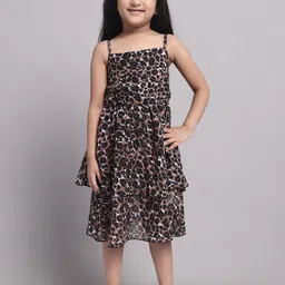MINI & MING Girls Animal Print Layered Georgette Fit & Flare Midi Dress-picture-11