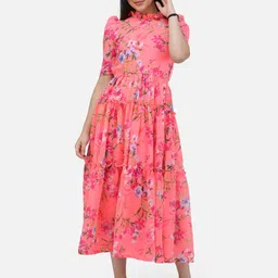SCORPIUS Floral Print Georgette Fit & Flare Midi Dress-image-28