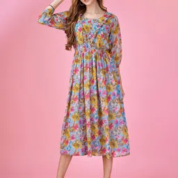 MOJILAA Floral Printed Round Neck Three-Quarter Sleeves Fit & Flare Midi Dress-picture-28