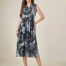 MOJILAA Floral Printed V-Neck Georgette Fit & Flare Midi Dress-image-86
