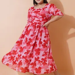 U&F Beyond Plus Size Floral Printed Square Neck Puff Sleeve Georgette Fit & Flare Dress-44
