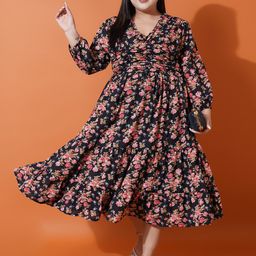U&F Beyond Plus Size Floral Printed Puffed Sleeves Georgette Fit & Flare Midi Dress-picture-0