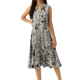 DressBerry Grey Floral Printed Mandarin Collar Georgette A-Line Midi Dress-image-31