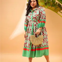 SASSAFRAS Curve Plus Size Floral Printed Fit & Flare Midi Dress image 1