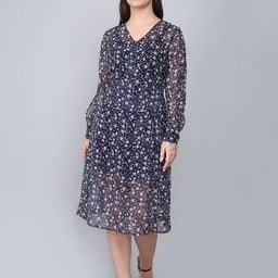 Baawri Floral Printed Puff Sleeve Ruffled Georgette Fit & Flare Midi Dress-image-76
