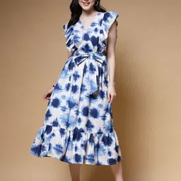 plusS Blue Abstract Printed Flutter Sleeves Fit & Flare Midi Dress-17