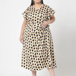 plusS Plus Size Beige & Black Geometric Printed V-Neck Flutter Sleeve A-Line Dress-11