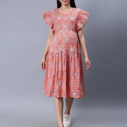 NIGHTSPREE Floral Printed Flutter Sleeves Tiered Cotton Maternity Fit & Flare Midi Dress-picture-18