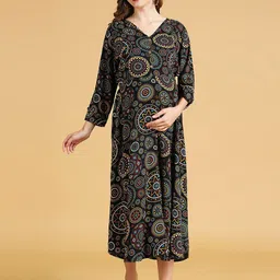 MomToBe Black Print Maternity Fit & Flare Midi Dress-image-80
