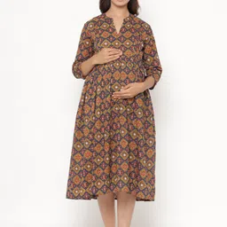 CRAFIQA Floral Print Mandarin Collar Gathered or Pleated Maternity Fit & Flare Midi Dress-image-57