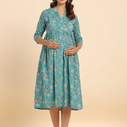 CRAFIQA Floral Printed Cotton Maternity Fit & Flare Midi Ethnic Dress-image-33