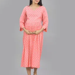 Negen Polka Dot Printed Maternity V-Neck Gathered Fit & Flare Midi Dress With Feeding Zip-picture-20