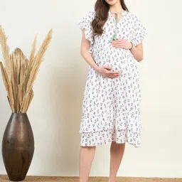 The Kaftan Company Floral Printed Tie Up Neck Layered Cotton Maternity A-Line Dress-image-44