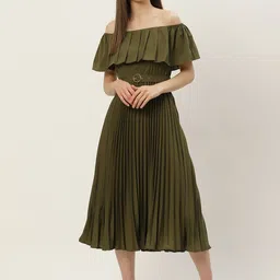 Slenor Off-Shoulder Flutter Sleeve Crepe Fit & Flare Midi Dress-picture-5