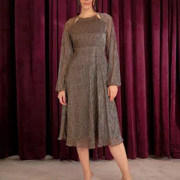 SALT ATTIRE Self Design Round Neck Long Sleeves A-Line Midi Dress-image-44