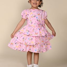 LIL PITAARA Girls Round Neck Conversational Printed Layered Cotton Fit & Flare Dress-image-91