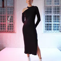SASSAFRAS Black Round Neck Long Sleeve Cut-Outs Sheath Midi Dress-image-79