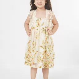 TIC TAC TOE Beige & Green Floral A-Line Midi Dress-image-19